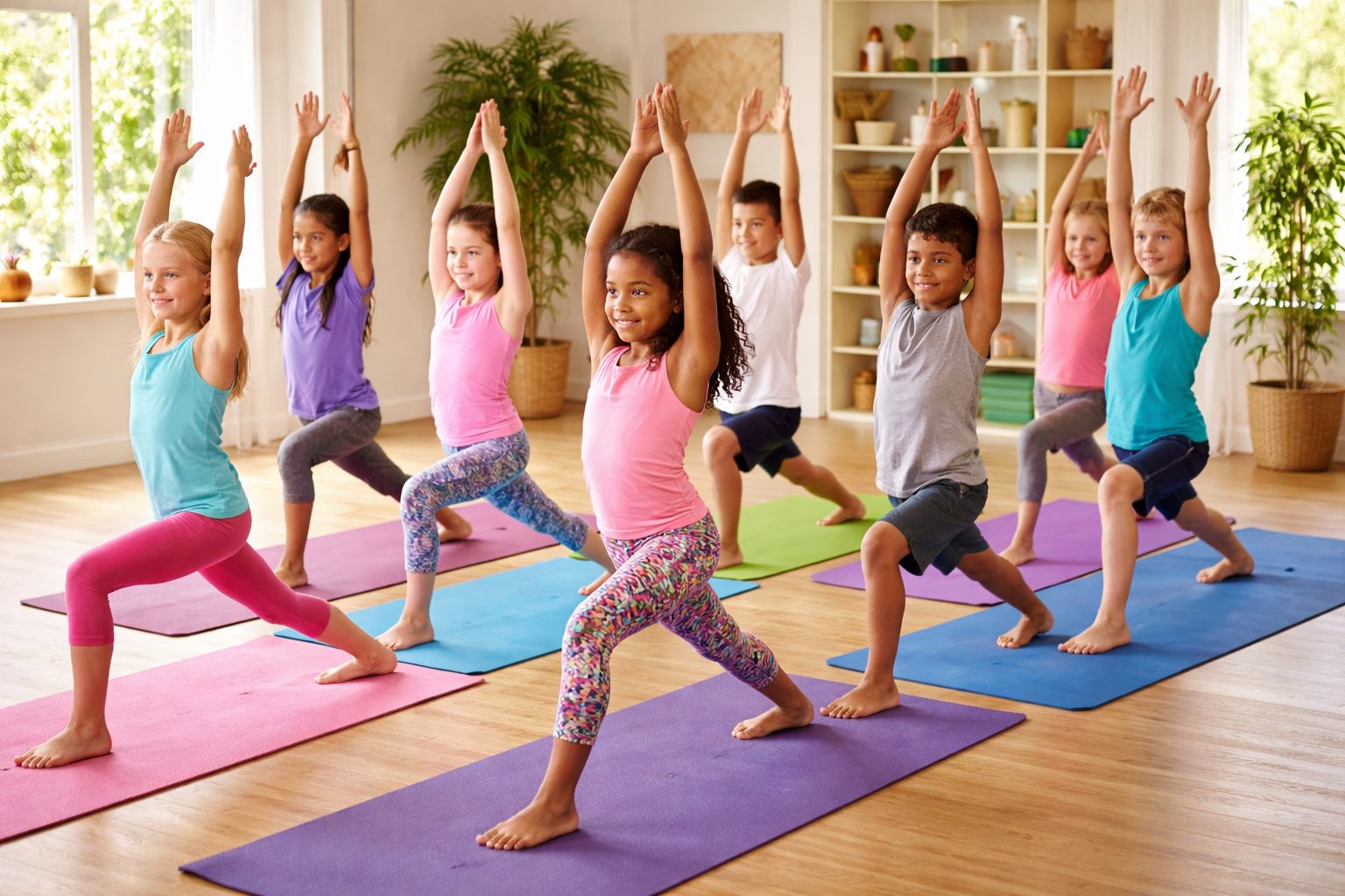 Young warriors aged 7-9 practicing yoga